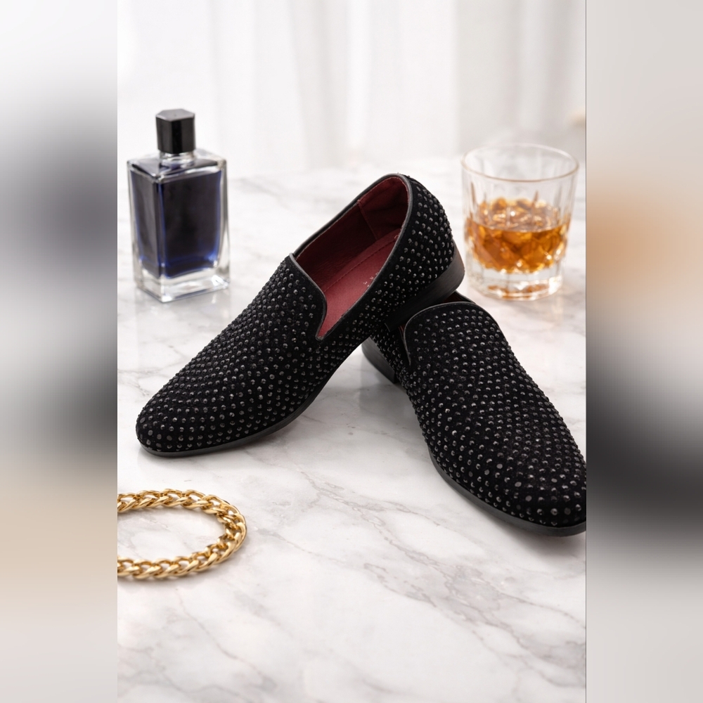 Portabella MORETTI Slip On Rhinstone Embellished Black Tuxedo Shoes. Mens 11